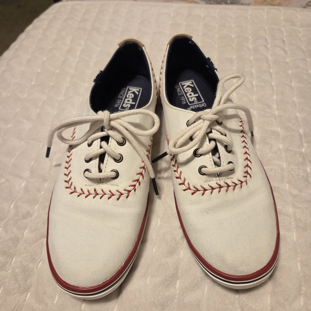 Keds White and Red Baseball Stitch Sneakers